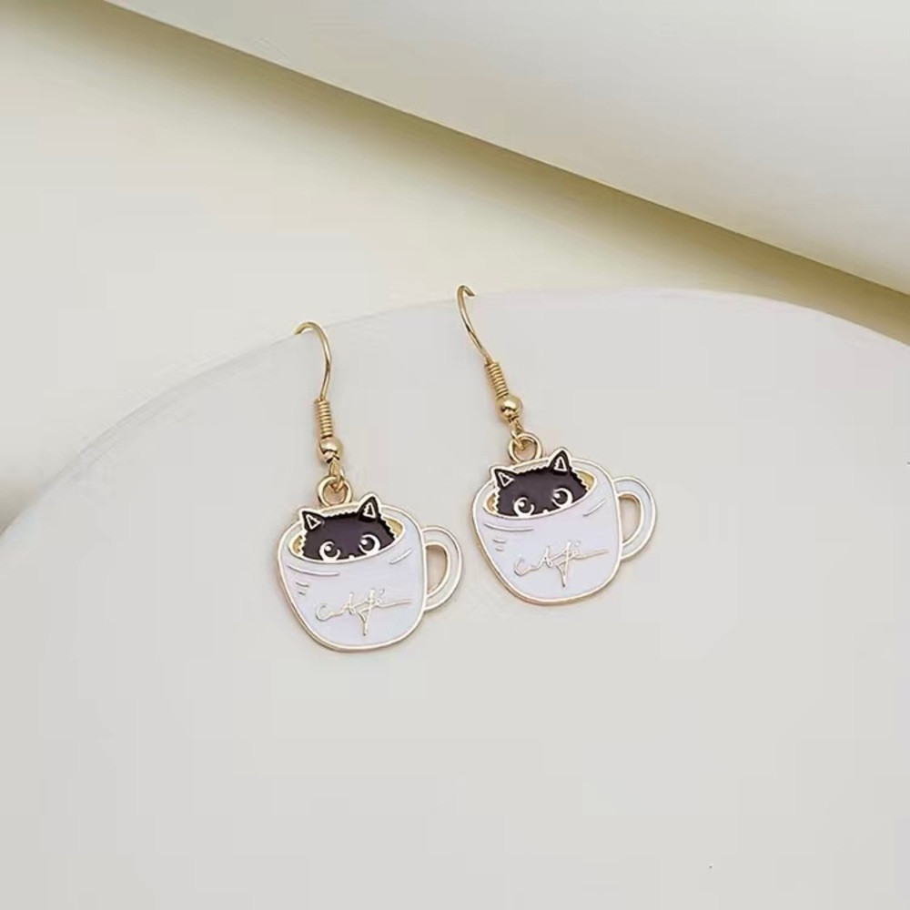 Coffee Cat Lover Cafe Dangling Gold Earrings Limited Edition Kawaii Kitty Gift - Picture 3 of 9